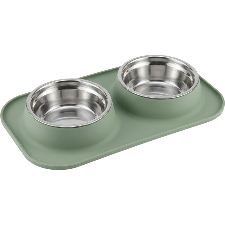 Cozao Double Pet Bowl Set Sage Silicone Mat 2 Bowls