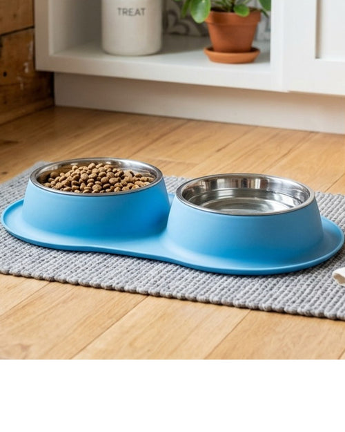 Cozao Double Pet Feeding Bowls Stainless Steel 12 oz Blue Base